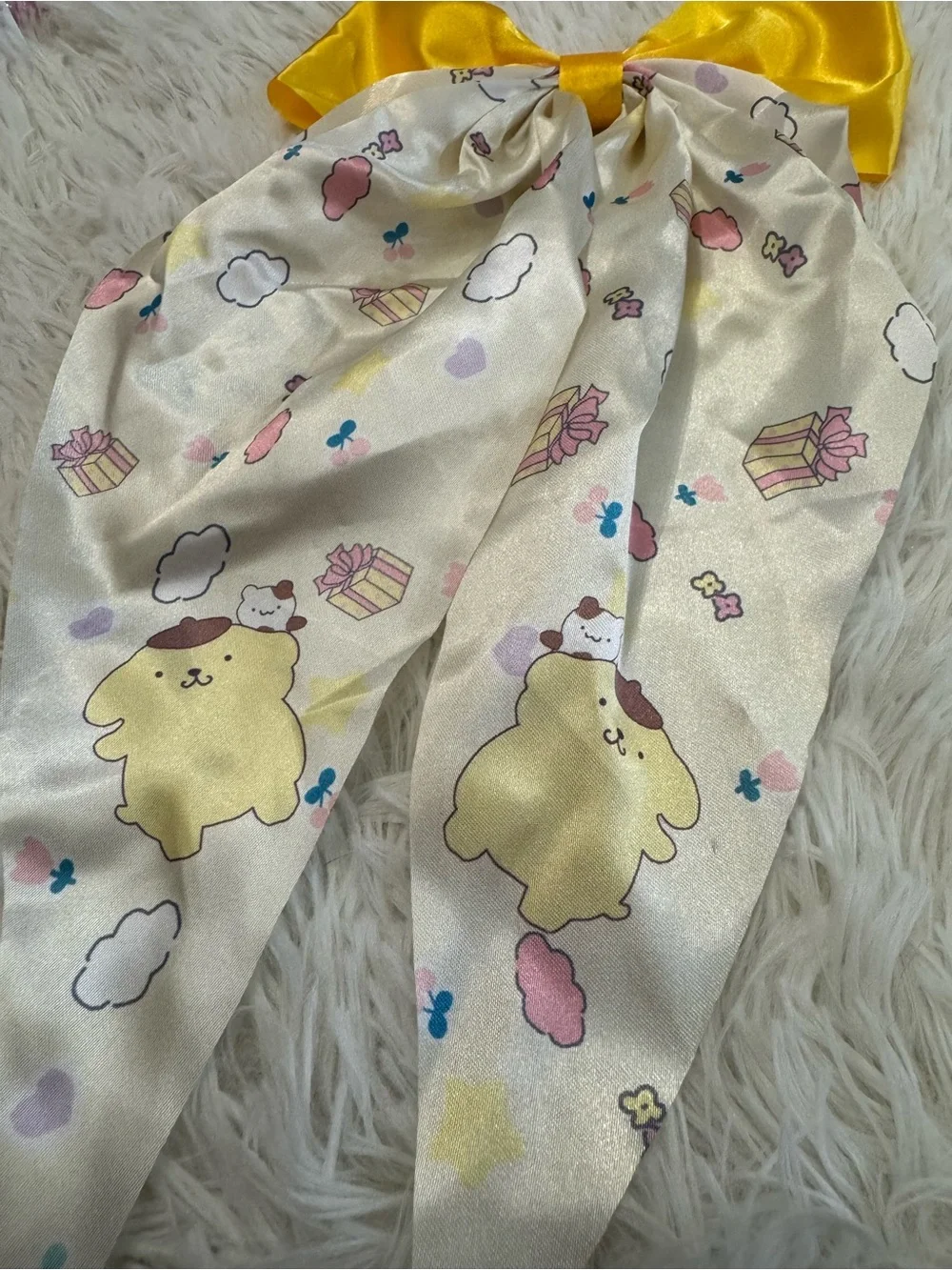 Pompompurin Yellow silky coquette Bow Scarf Hair pin with Cute Character Print